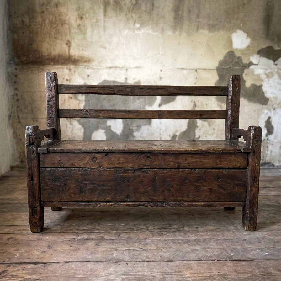 Vintage wooden bench against a textured wall with peeling paint.